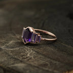 Hexagon Cut Purple Amethyst Bezel Set Engagement Ring - Gigiscc