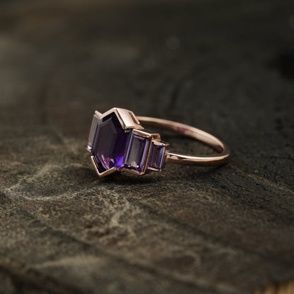 Hexagon Cut Purple Amethyst Bezel Set Engagement Ring Left Position