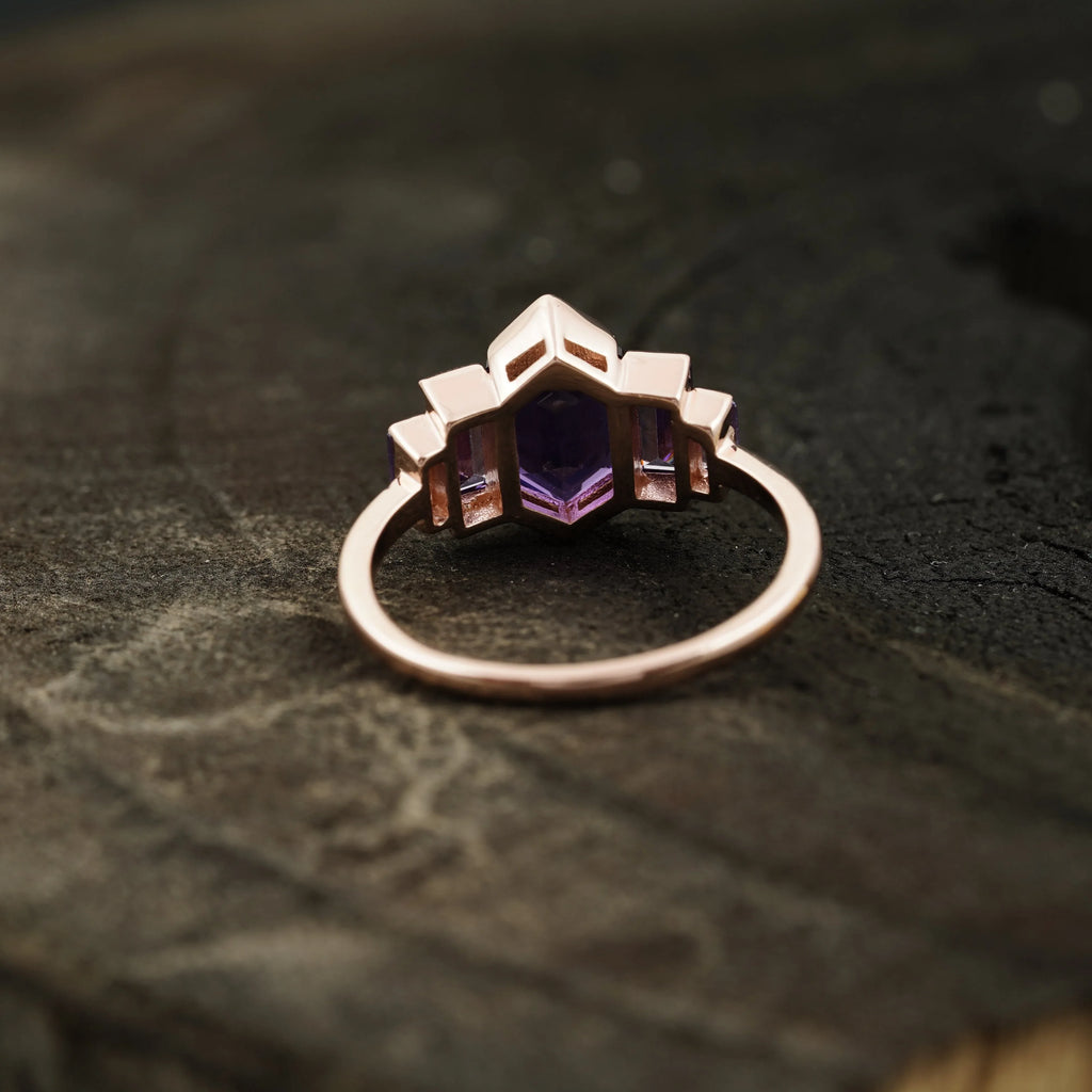 Hexagon Cut Purple Amethyst Bezel Set Engagement Ring - Gigiscc