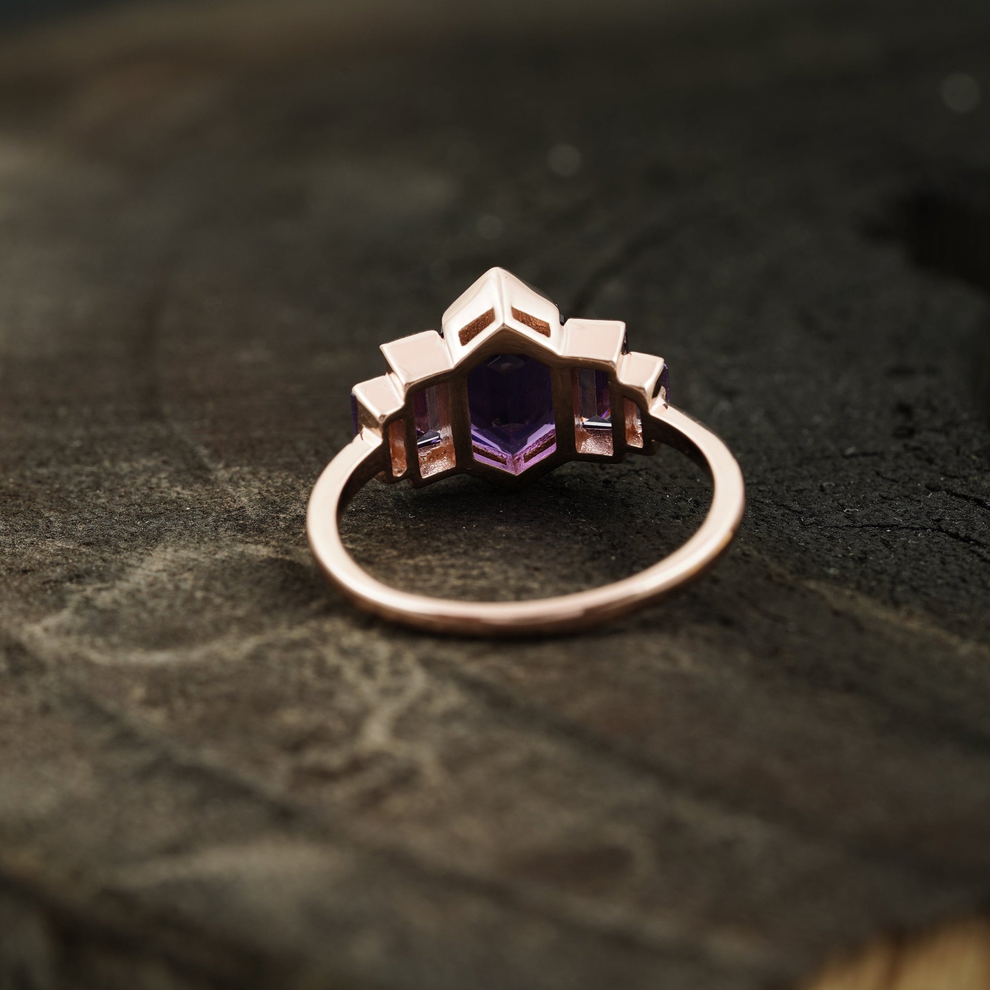 Hexagon Cut Purple Amethyst Bezel Set Engagement Ring Back Side