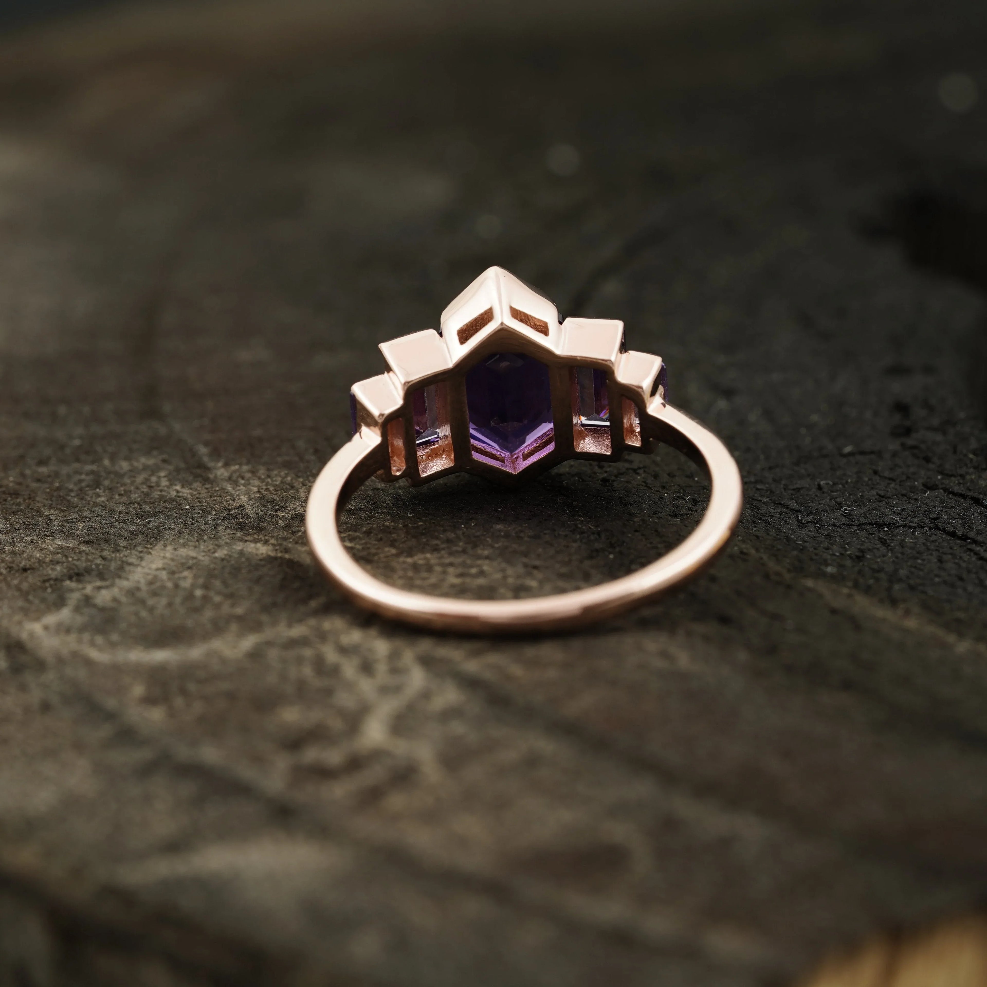 Hexagon Cut Purple Amethyst Bezel Set Engagement Ring - Gigiscc