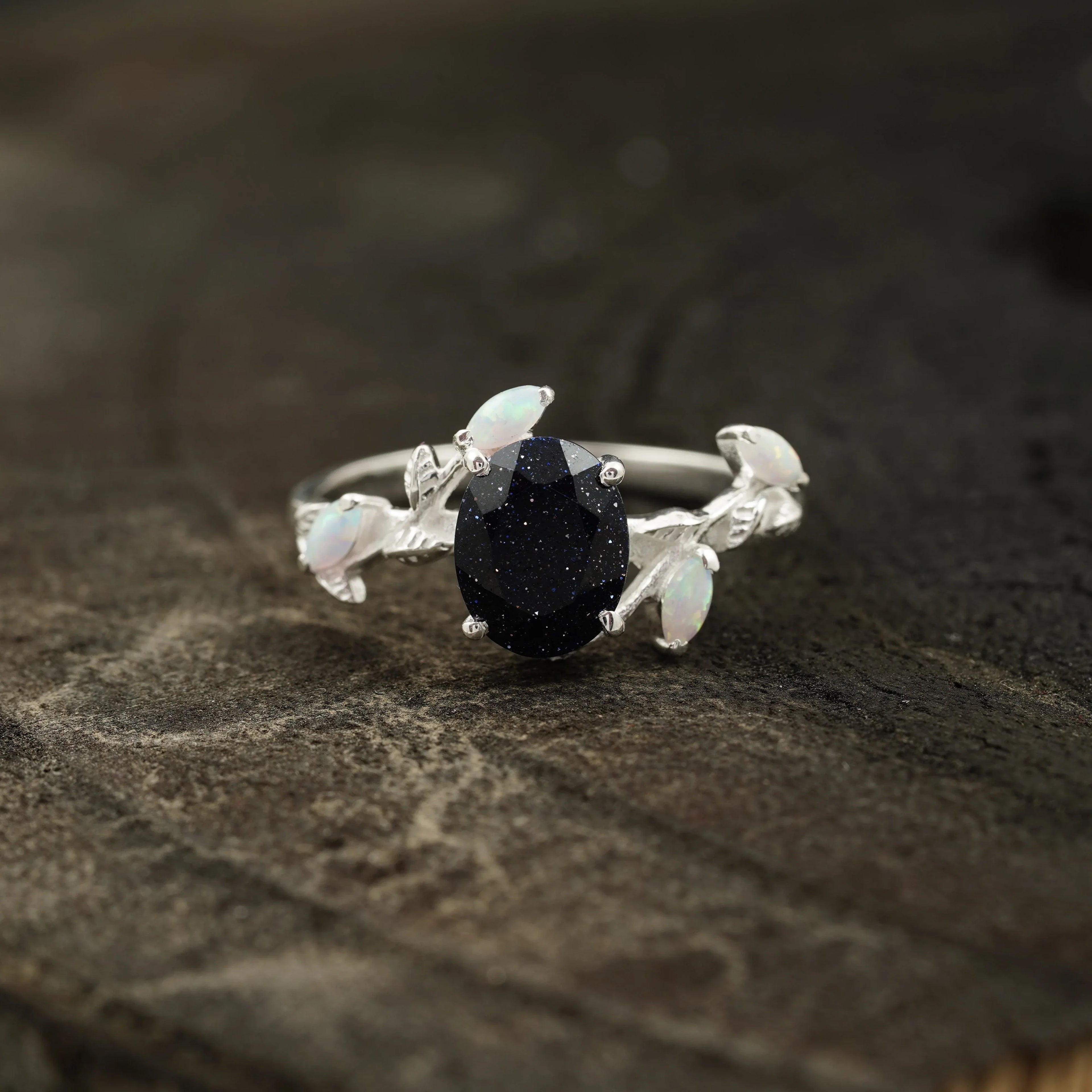 Oval Blue Sandstone Leaf Opal Silver Engagement Ring - Gigiscc
