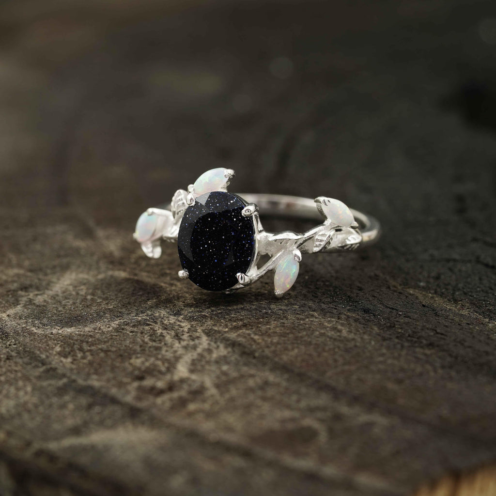 Oval Blue Sandstone Leaf Opal Silver Engagement Ring - Gigiscc