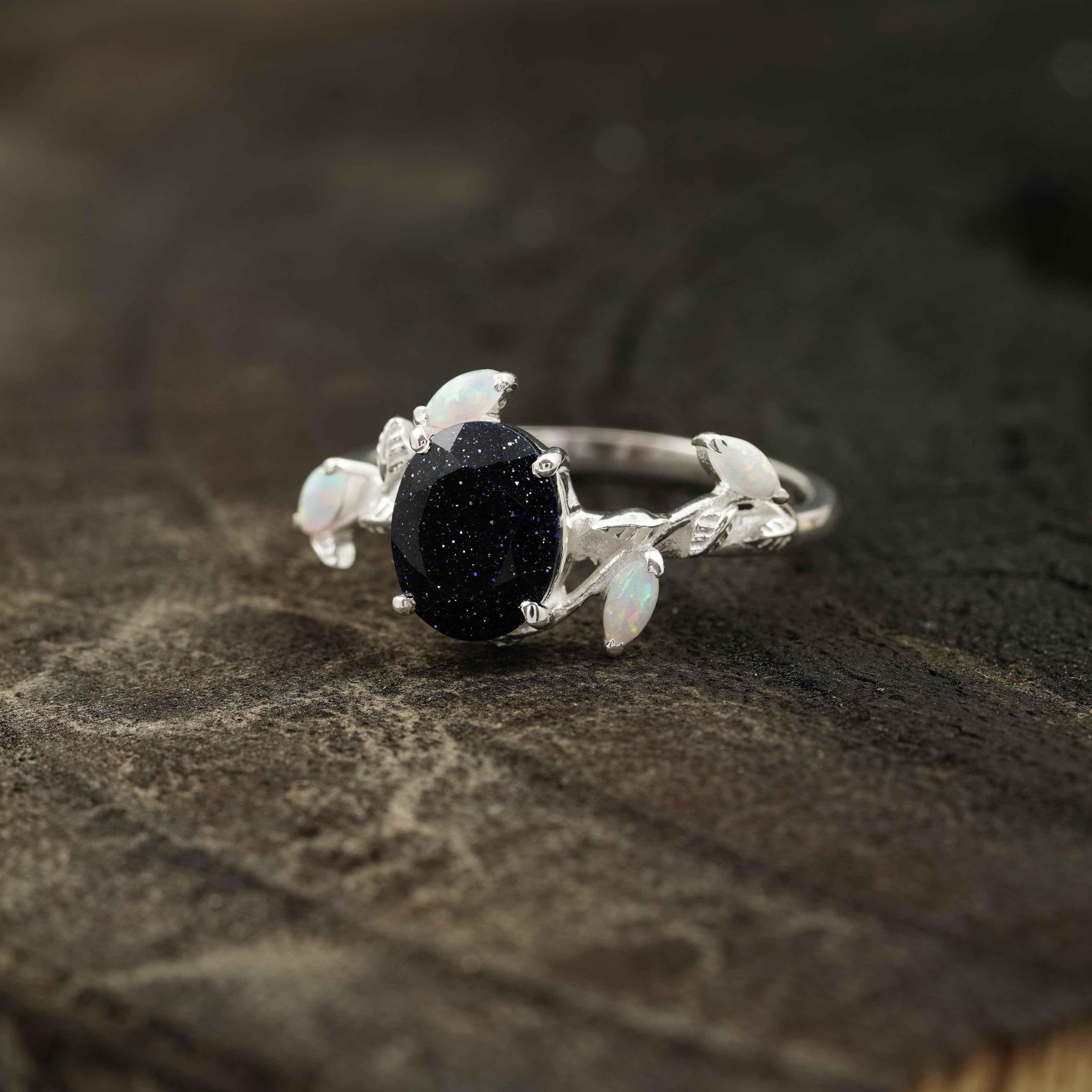 Oval Blue Sandstone Leaf Opal Silver Engagement Ring - Gigiscc