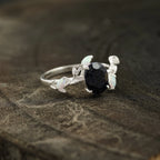 Oval Blue Sandstone Leaf Opal Silver Engagement Ring - Gigiscc
