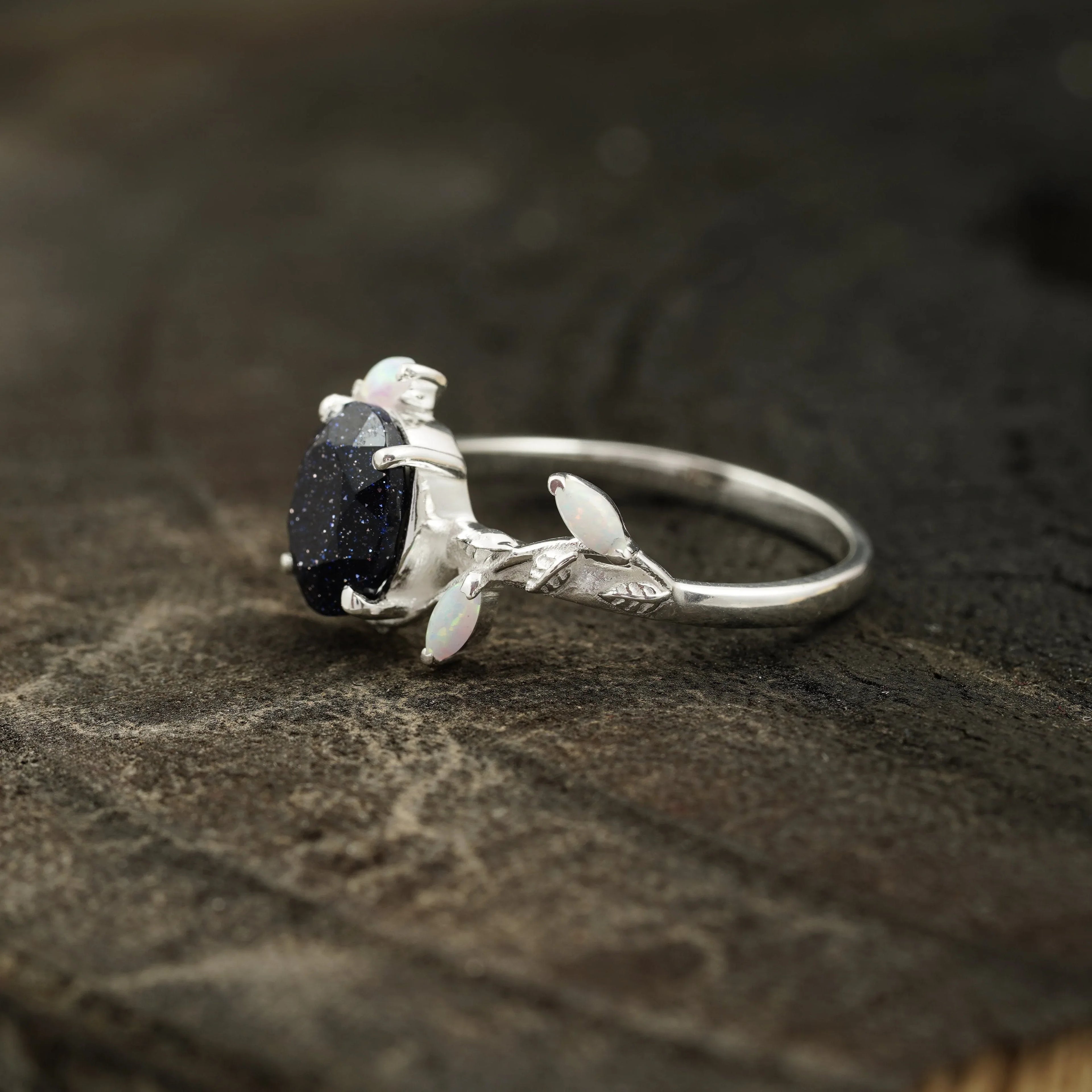 Oval Blue Sandstone Leaf Opal Silver Engagement Ring - Gigiscc