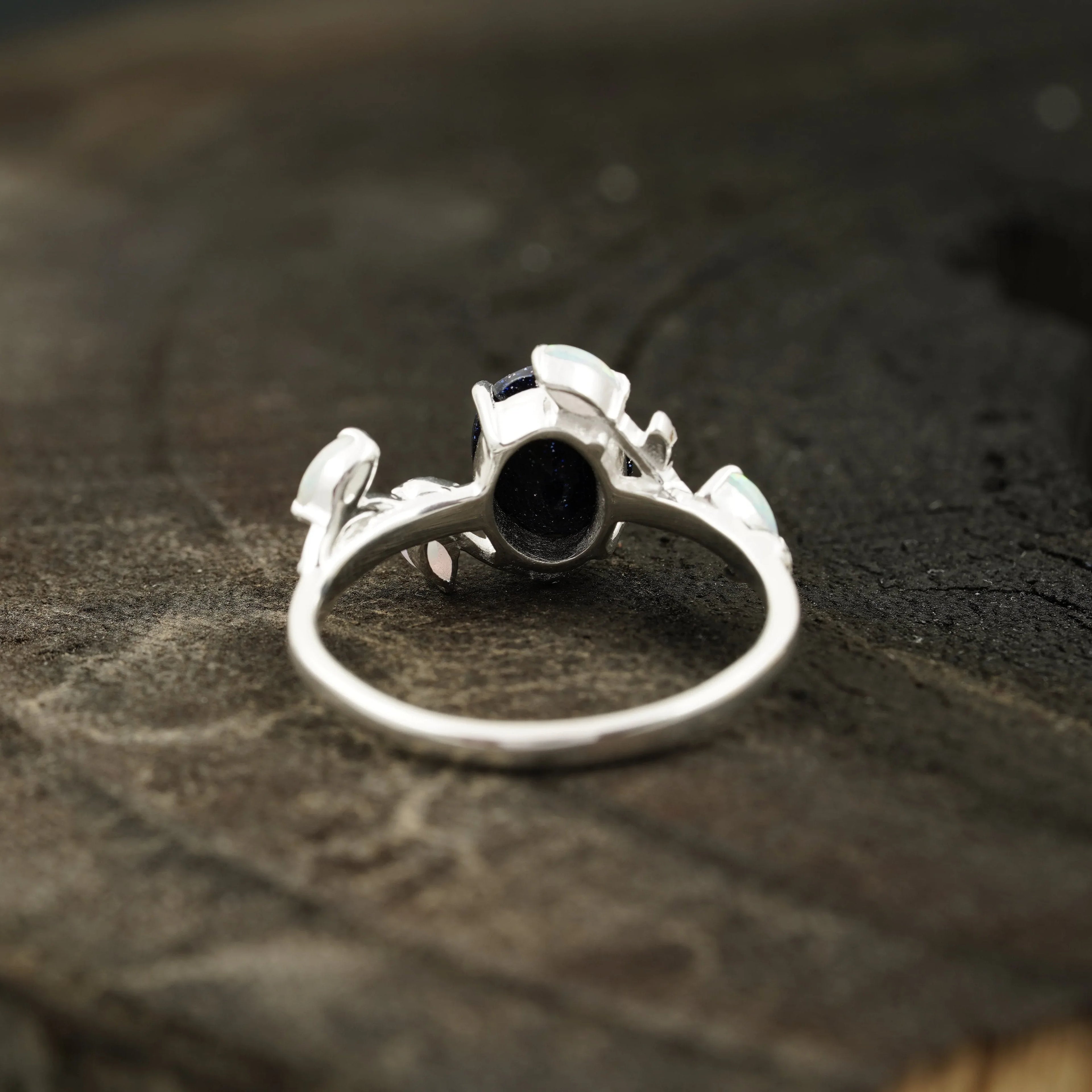 Oval Blue Sandstone Leaf Opal Silver Engagement Ring - Gigiscc