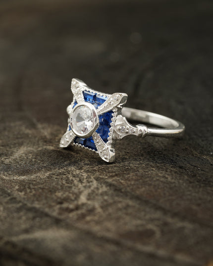 Antique Blue Silver Sapphire & Diamond Vintage Engagement Ring Side Position