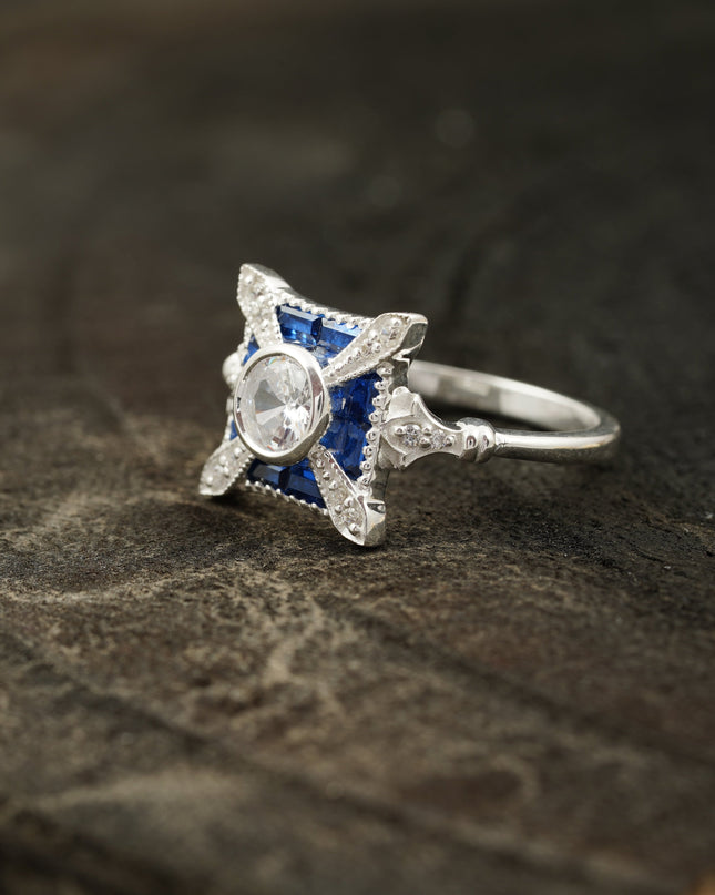 Antique Blue Silver Sapphire & Diamond Vintage Engagement Ring Side Position