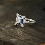 Antique Blue Sapphire & Diamond Vintage Engagement Ring - Gigiscc