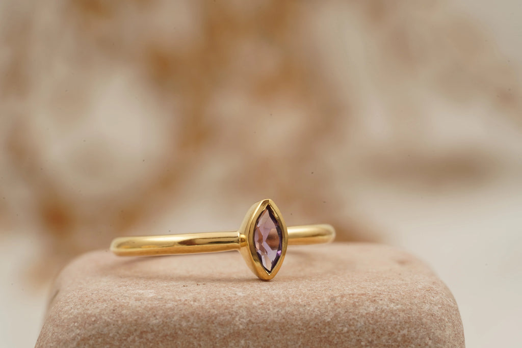 Bezel Set Dainty Marquise Alexandrite Stacking Ring For Women - Gigiscc