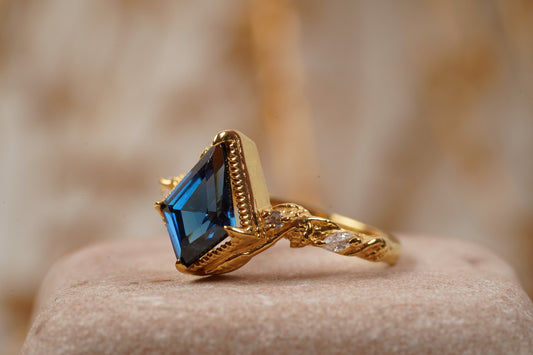 Kite Sapphire Engagement Ring Leaf Art Deco Solid Gold Ring