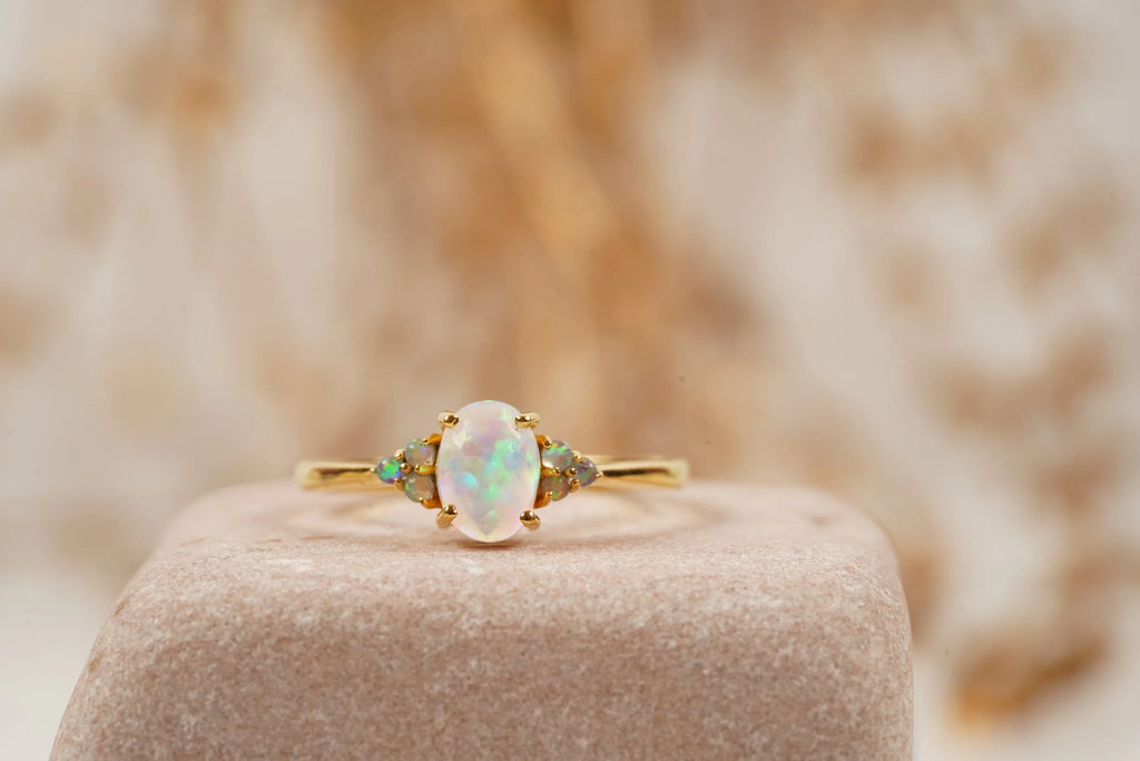 White Opal Oval Cut Engagement Ring October Birthstone - Gigiscc