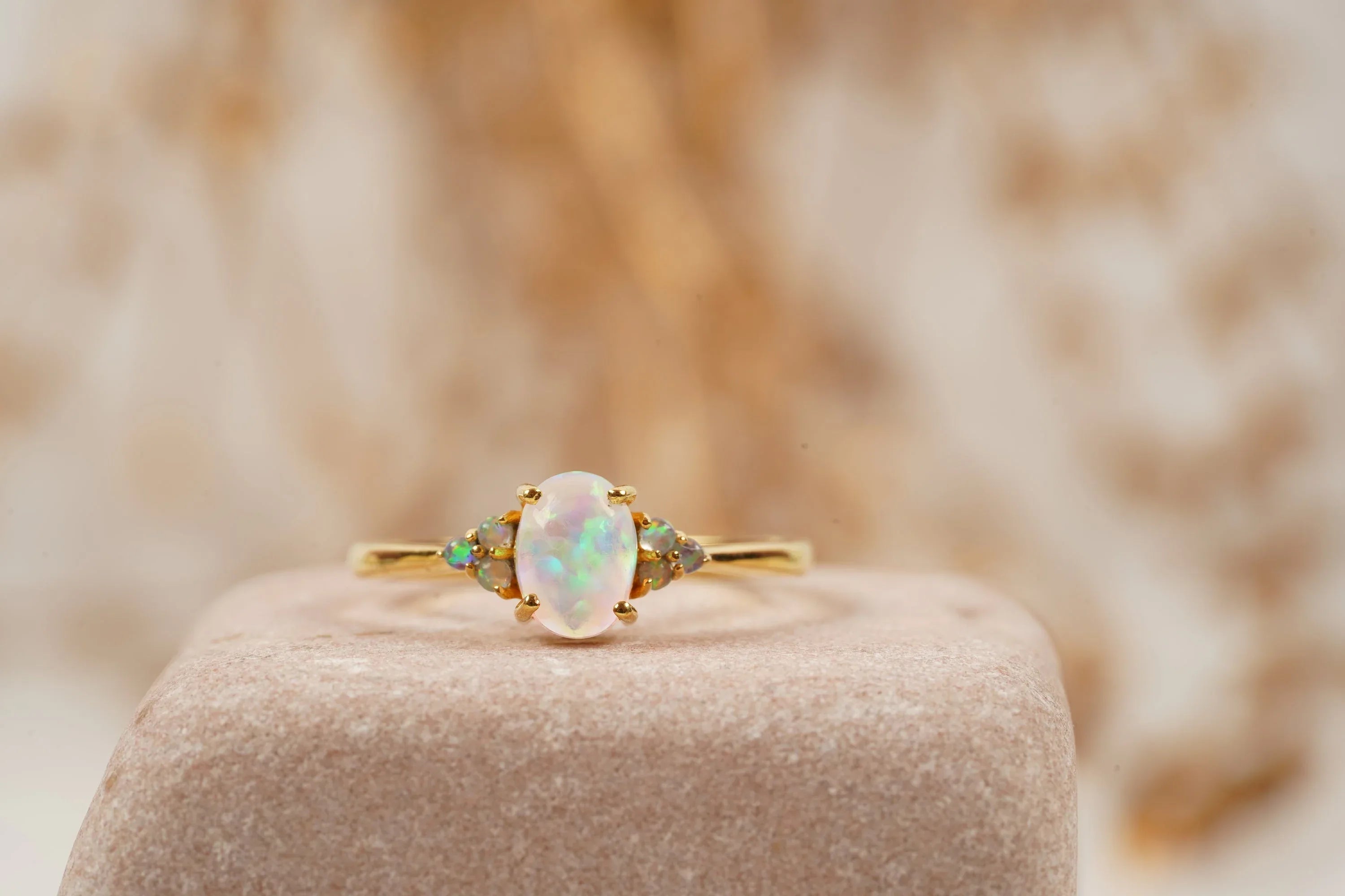 White Opal Oval Cut Engagement Ring October Birthstone - Gigiscc