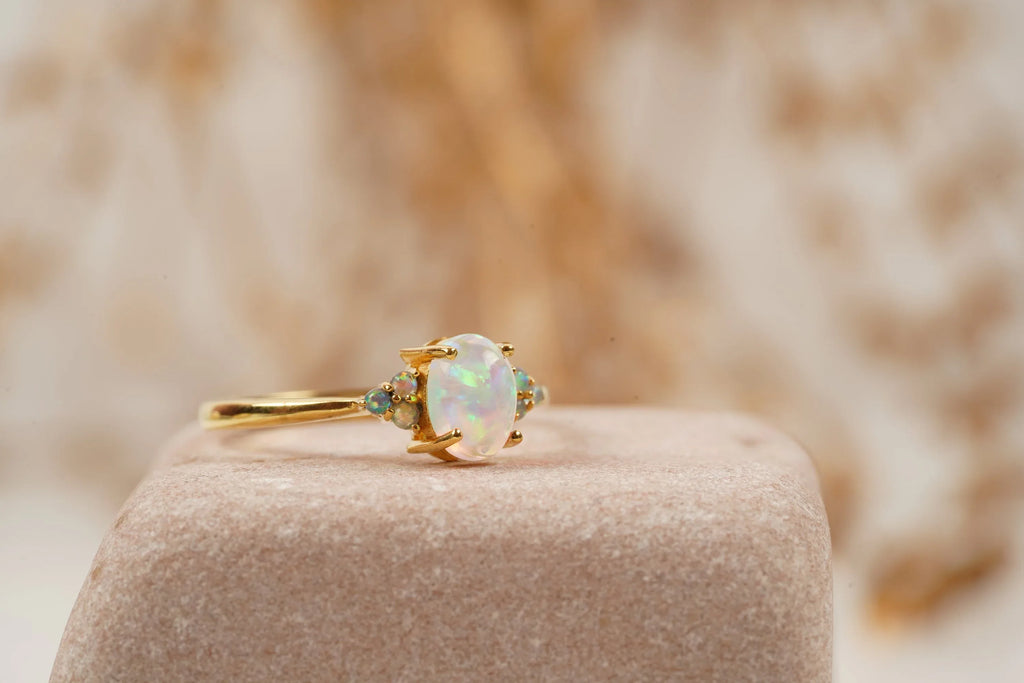 White Opal Oval Cut Engagement Ring October Birthstone - Gigiscc