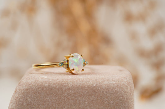 White Opal Oval Cut Engagement Ring October Birthstone