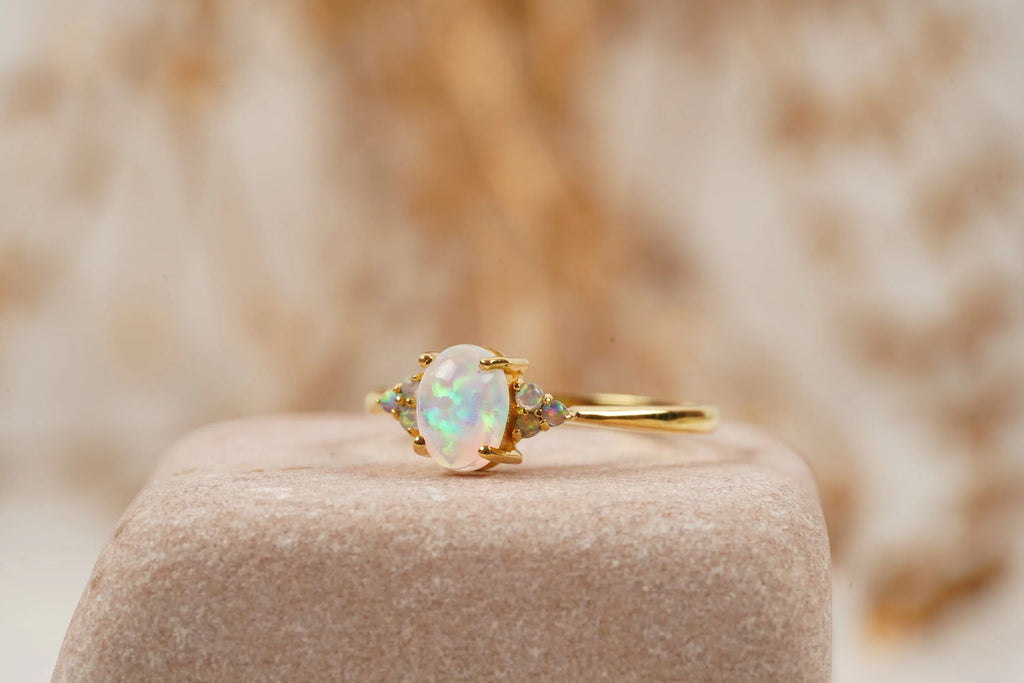 White Opal Oval Cut Engagement Ring October Birthstone - Gigiscc