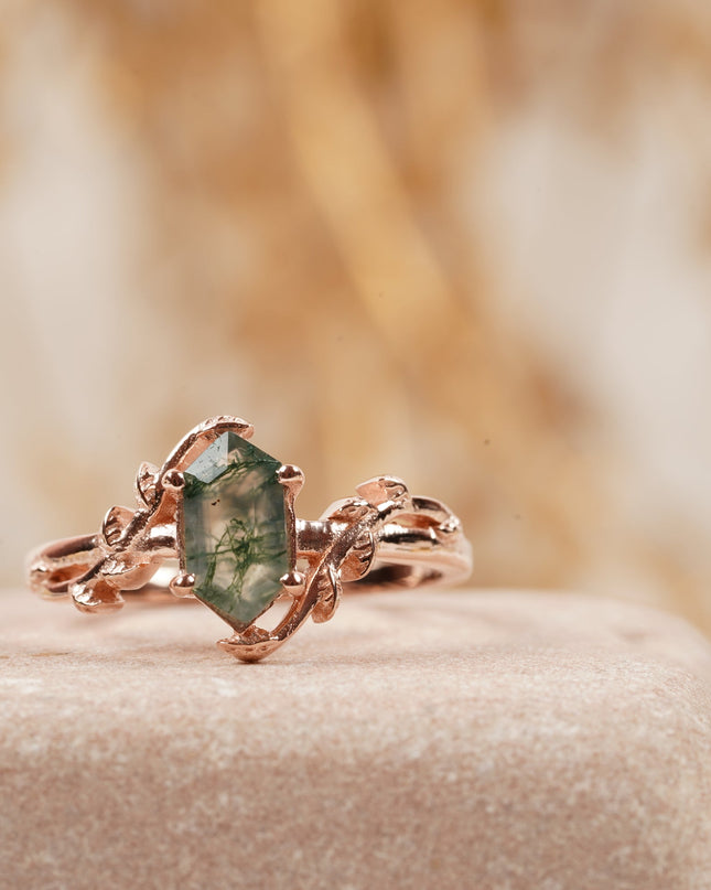 Long Hexagon Cut Moss Agate Leaf Solitaire Ring