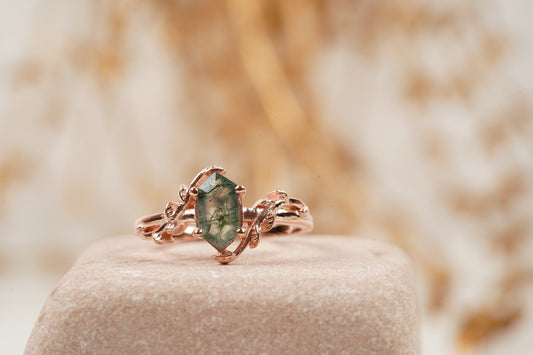 Long Hexagon Cut Moss Agate Leaf Solitaire Ring 