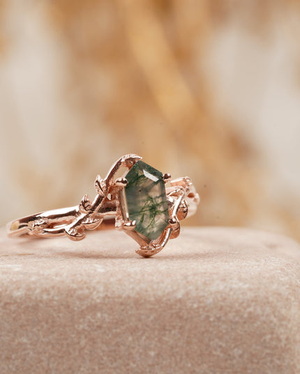 Long Hexagon Cut Moss Agate Leaf Solitaire Ring