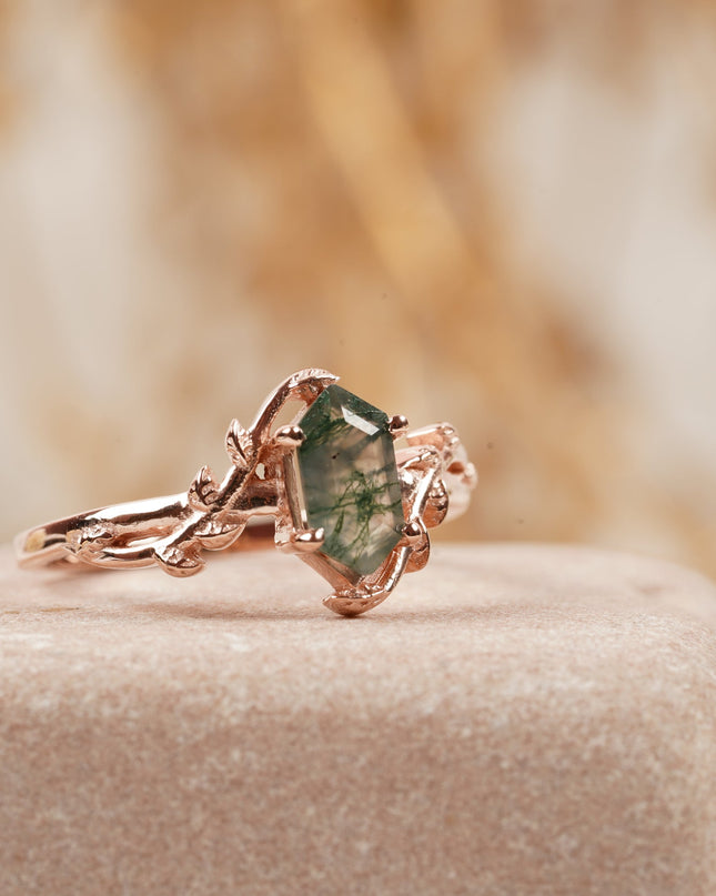 Long Hexagon Cut Moss Agate Leaf Solitaire Ring