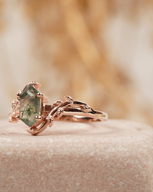 Long Hexagon Cut Moss Agate Leaf Solitaire Ring