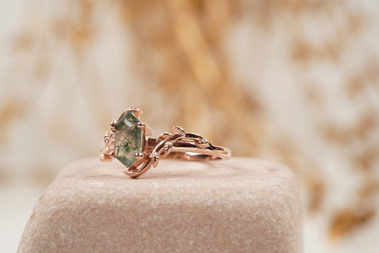 Long Hexagon Cut Moss Agate Leaf Solitaire Ring