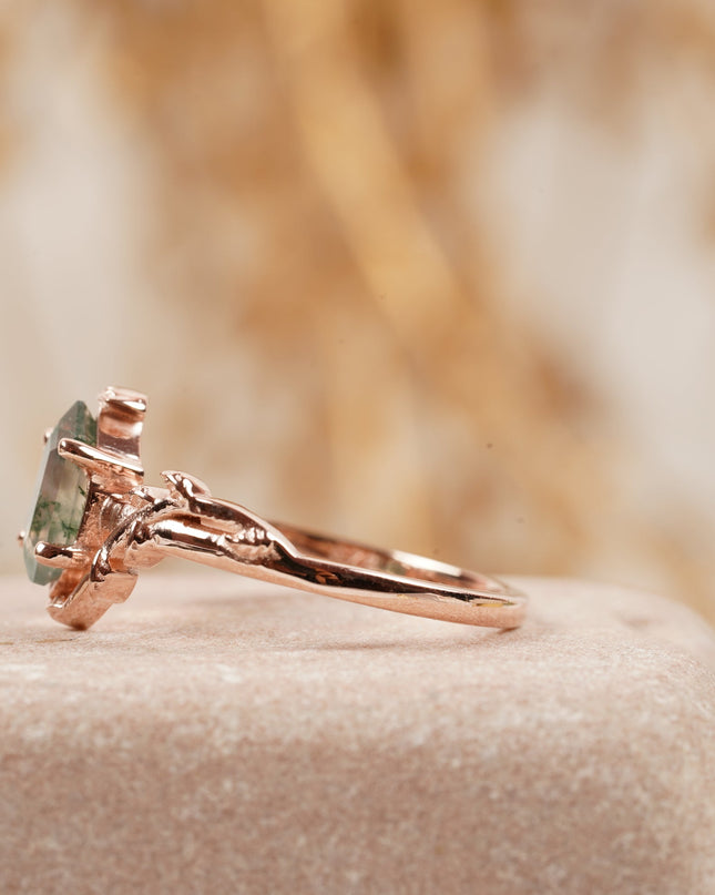 Long Hexagon Cut Moss Agate Leaf Solitaire Ring