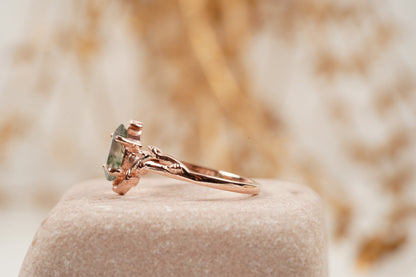 Long Hexagon Cut Moss Agate Leaf Solitaire Ring