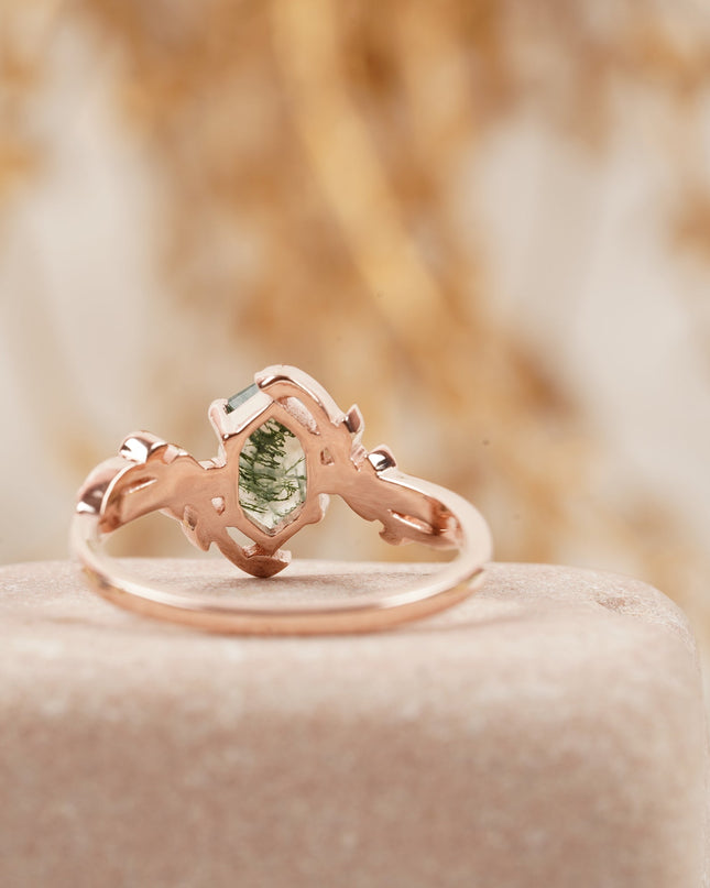 Long Hexagon Cut Moss Agate Leaf Solitaire Ring