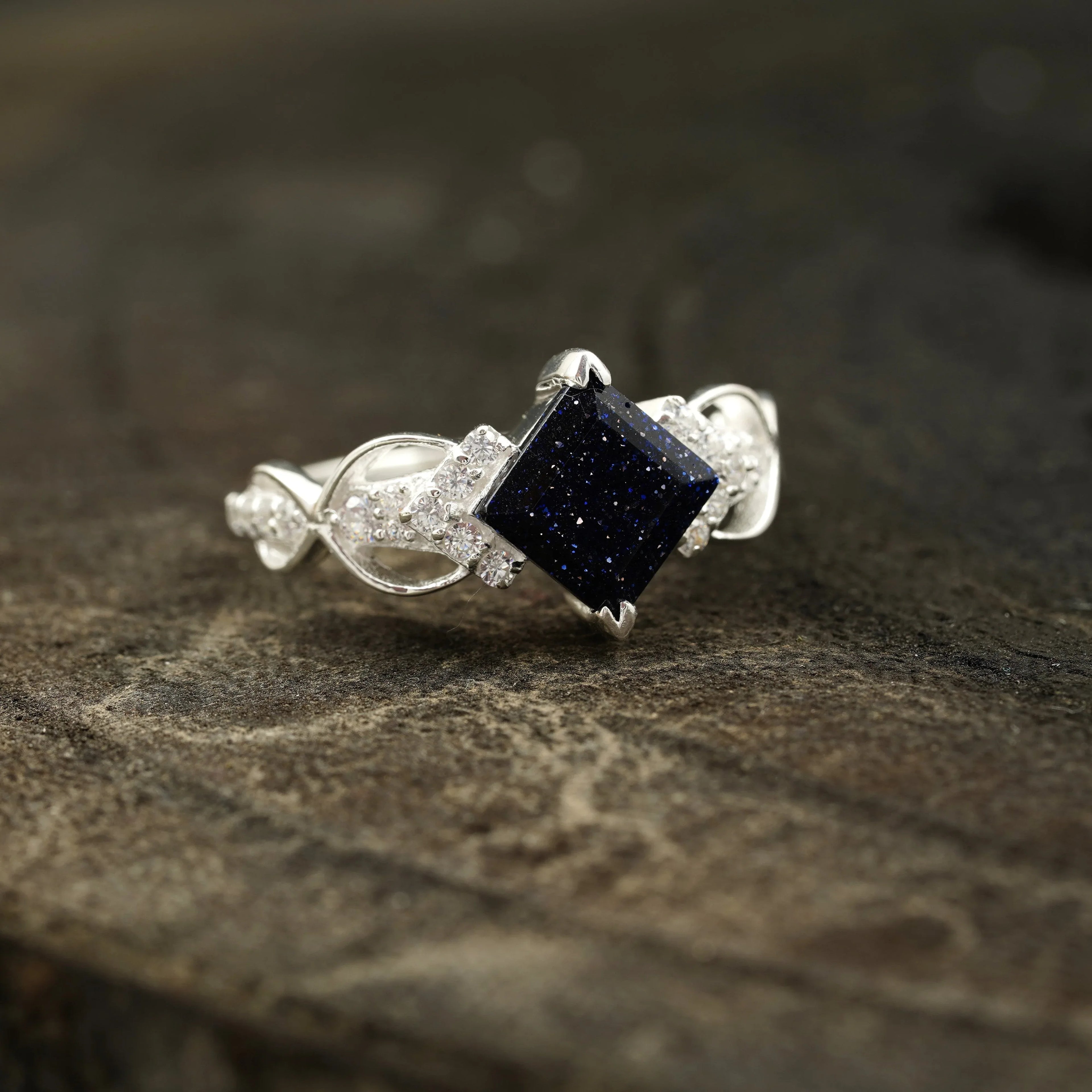 Princess Cut Blue Sandstone Engagement Ring - Gigiscc