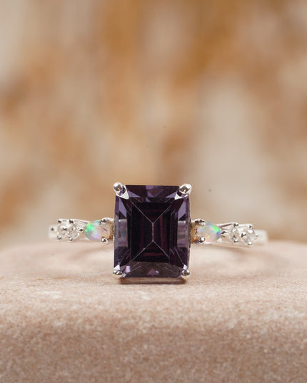 Emerald Cut Alexandrite And Fire Opal Engagement Ring