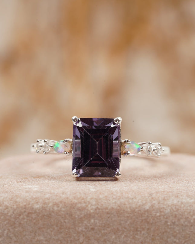 Emerald Cut Alexandrite And Fire Opal Engagement Ring