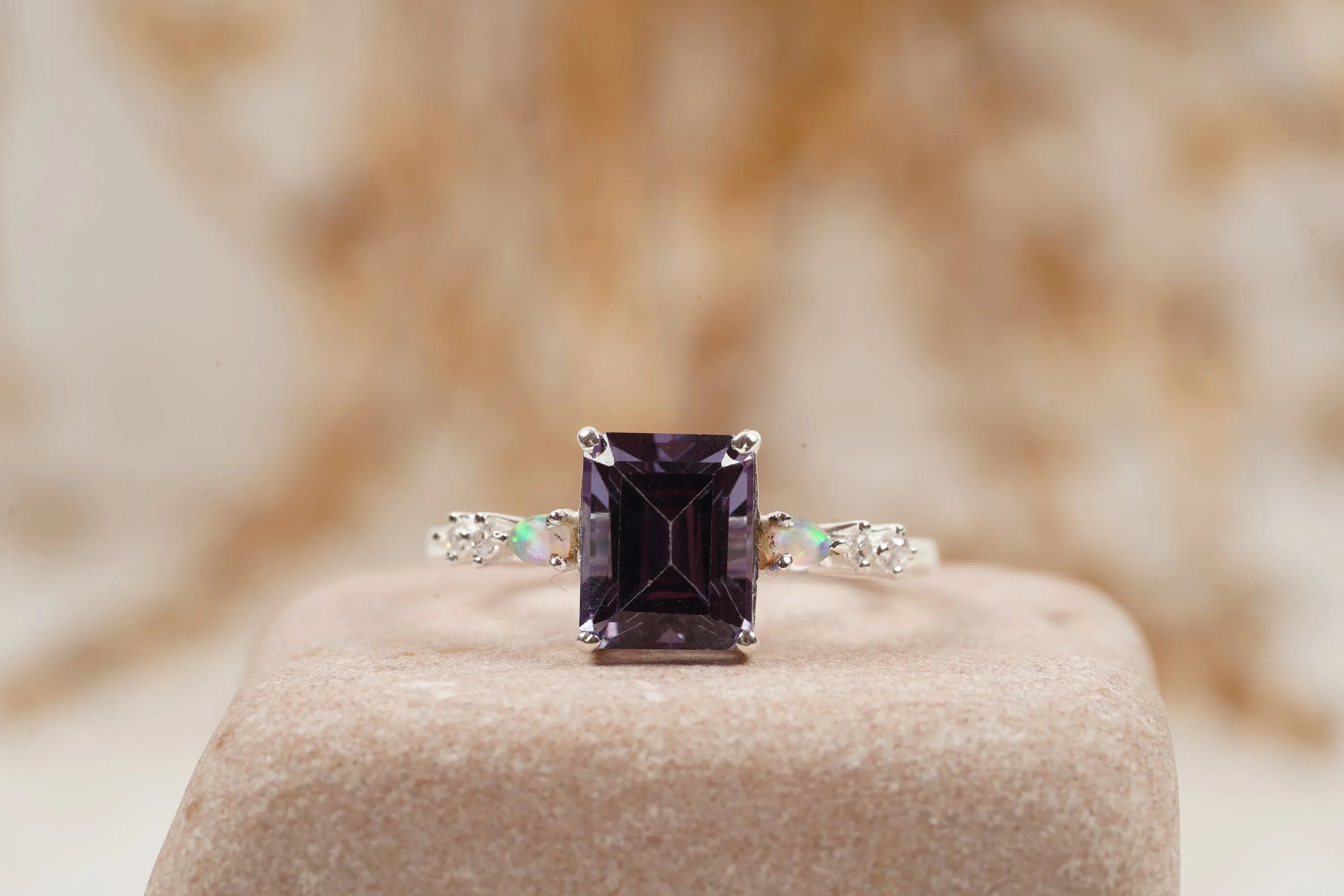 Emerald Cut Alexandrite And Fire Opal Engagement Ring - Gigiscc