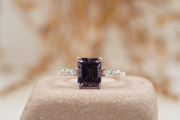 Emerald Cut Alexandrite & Fire Opal Engagement Ring