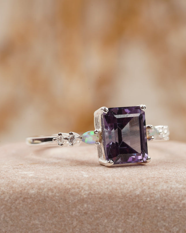 Emerald Cut Alexandrite And Fire Opal Engagement Ring