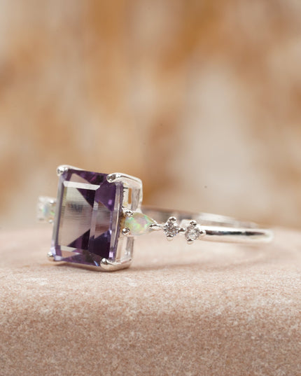 Emerald Cut Alexandrite And Fire Opal Engagement Ring