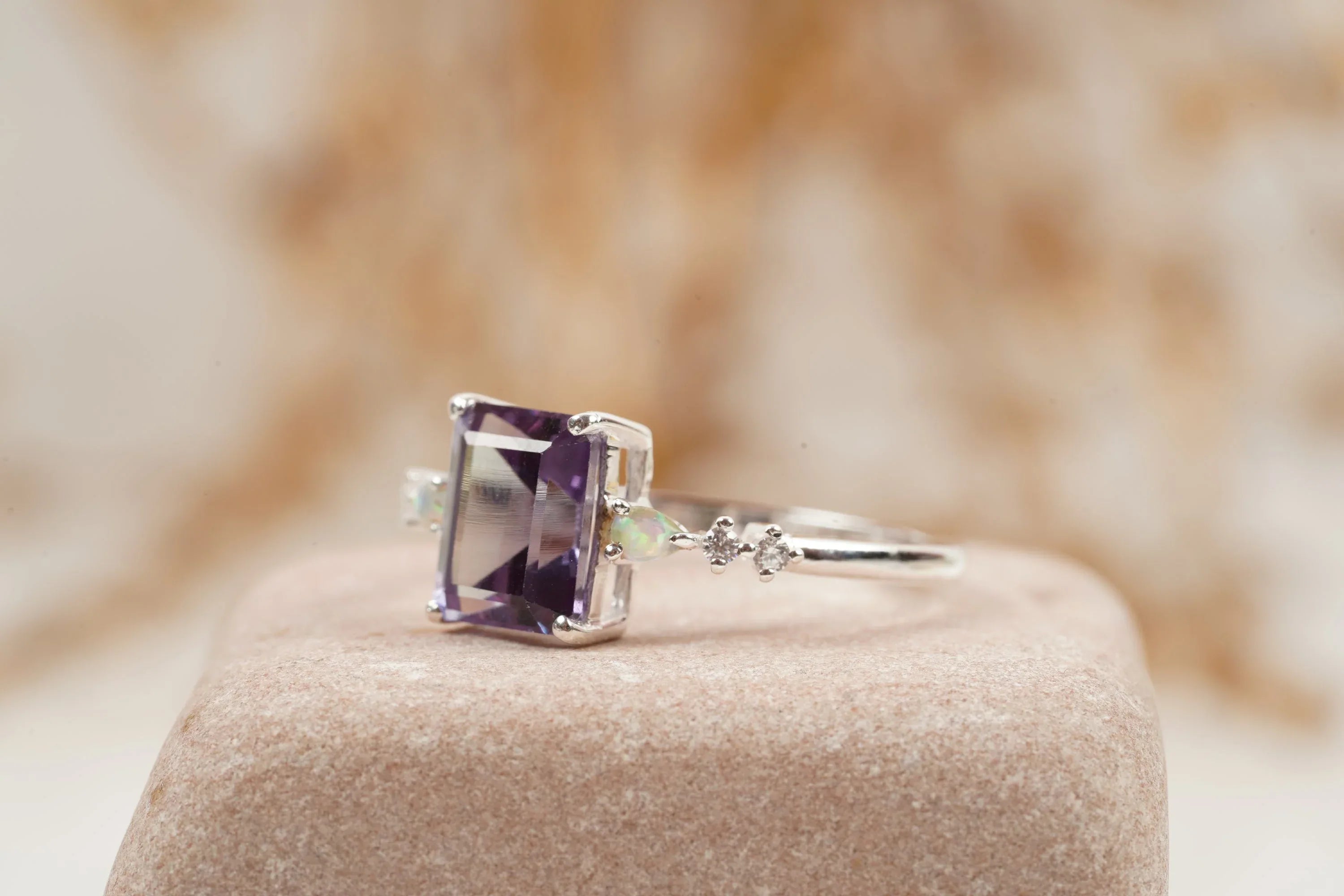 Emerald Cut Alexandrite And Fire Opal Engagement Ring - Gigiscc