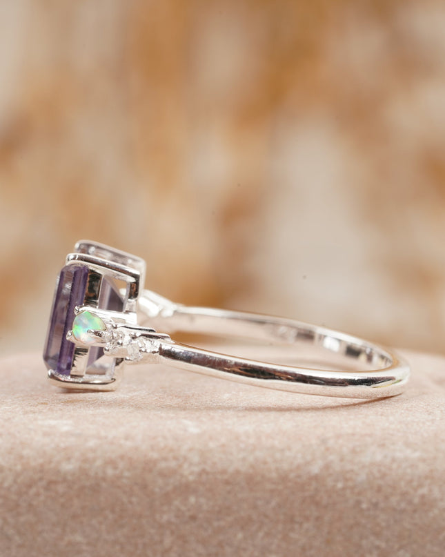 Emerald Cut Alexandrite And Fire Opal Engagement Ring