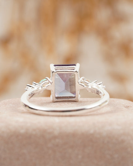 Emerald Cut Alexandrite And Fire Opal Engagement Ring