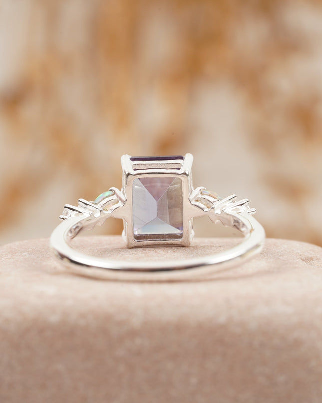 Emerald Cut Alexandrite And Fire Opal Engagement Ring