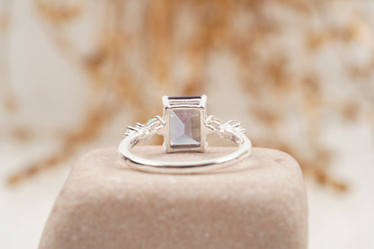 Emerald Cut Alexandrite And Fire Opal Engagement Ring