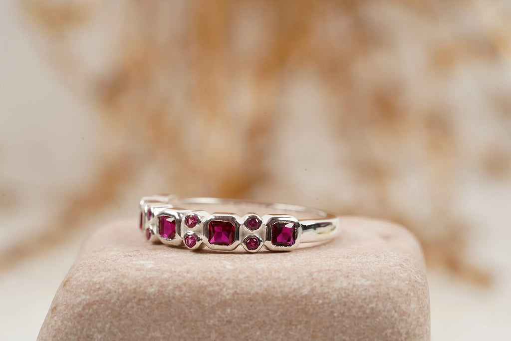 Princess Cut Ruby July Birthstone Wedding Band - Gigiscc