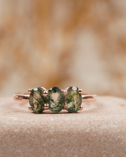 Oval Moss Agate Stacking Ring Three Stone Ring