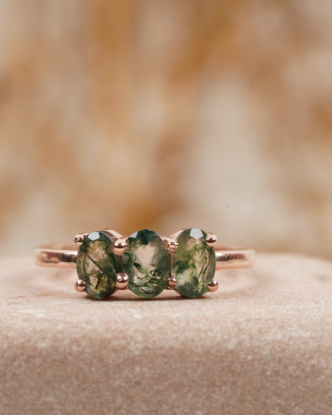 Oval Moss Agate Stacking Ring Three Stone Ring