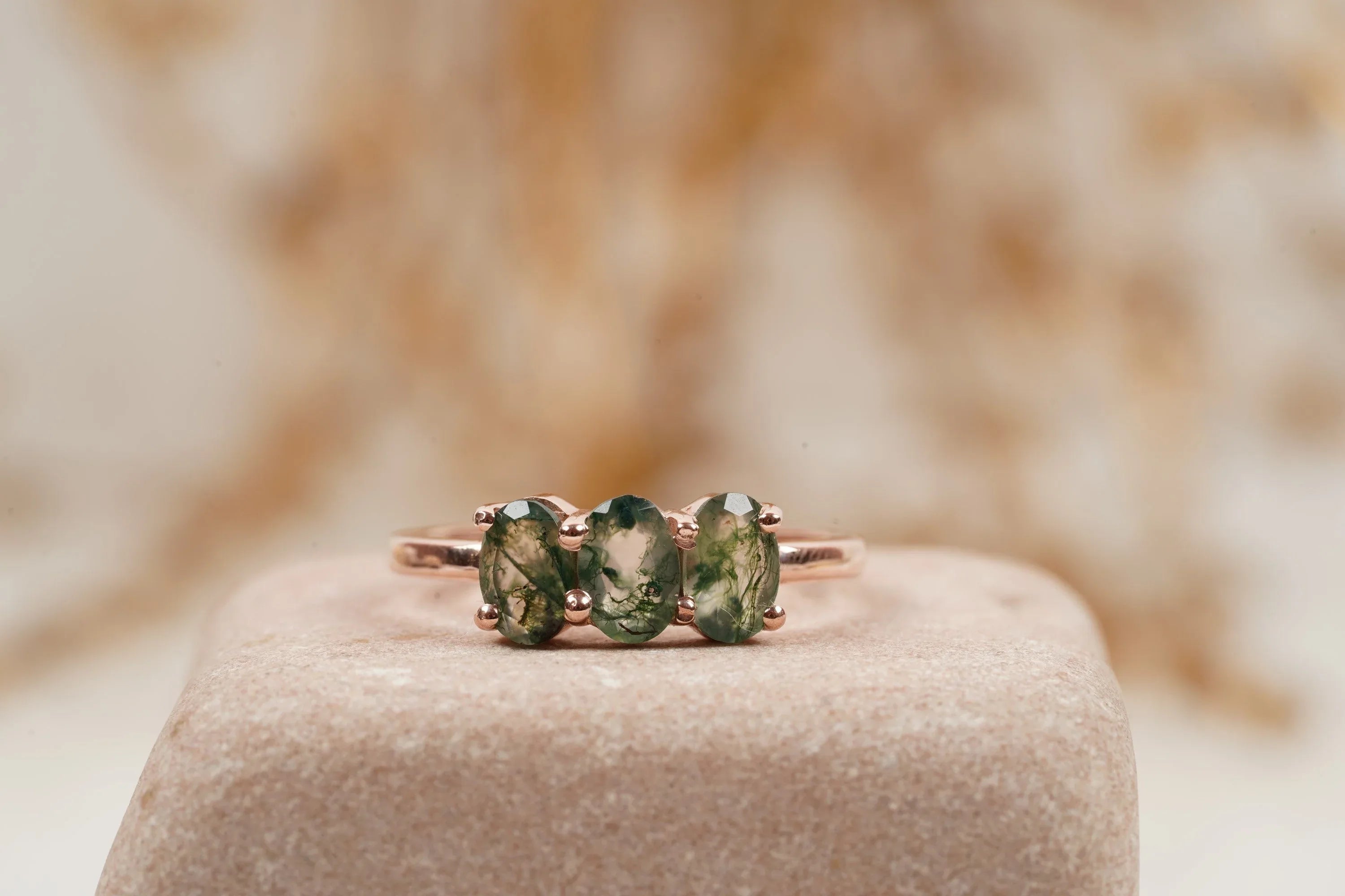 Oval Moss Agate Stacking Ring Three Stone Ring - Gigiscc