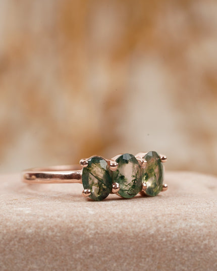 Oval Moss Agate Stacking Ring Three Stone Ring