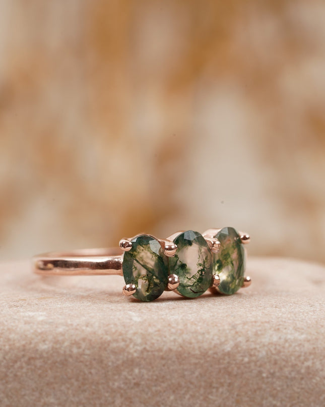 Oval Moss Agate Stacking Ring Three Stone Ring