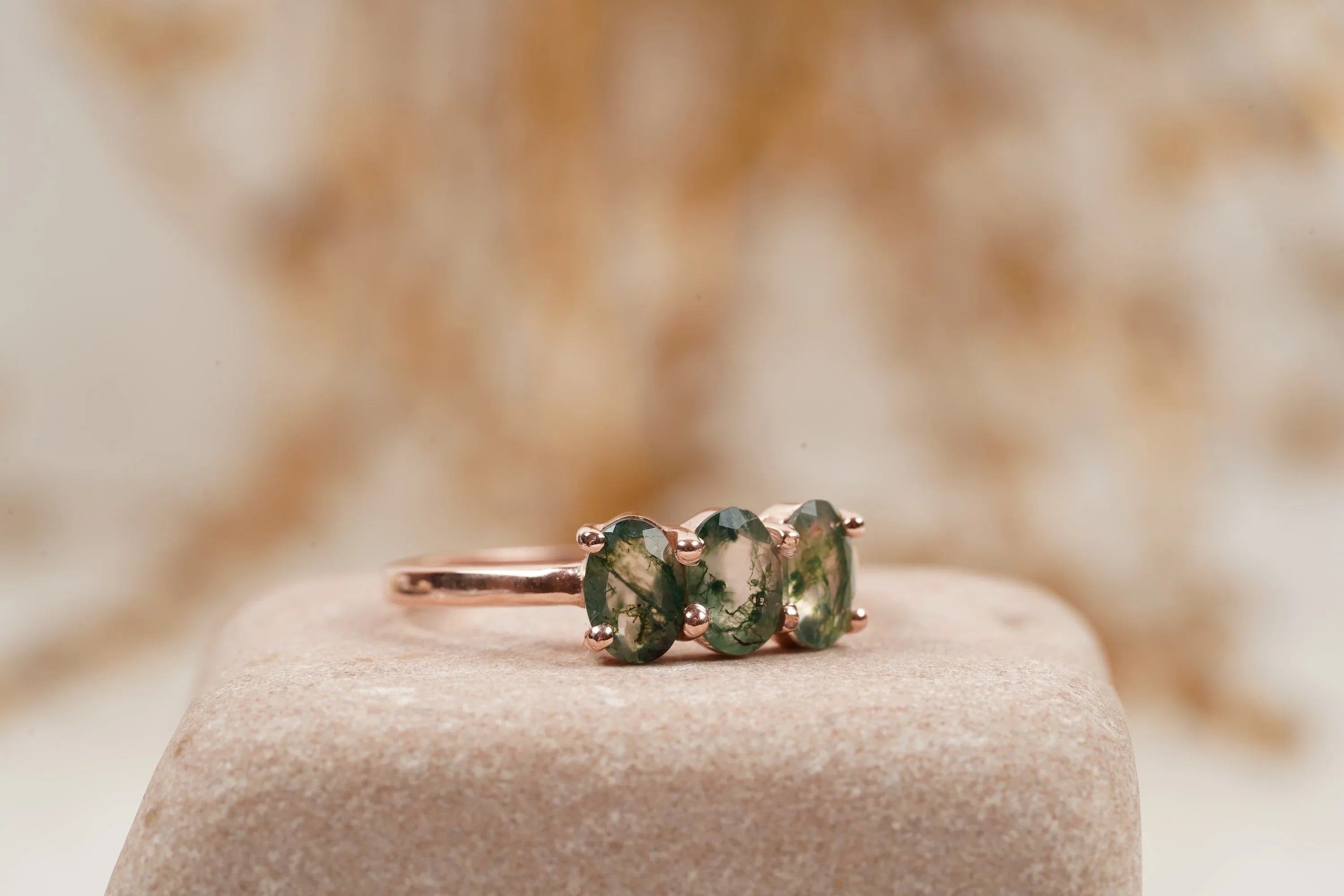 Oval Moss Agate Stacking Ring Three Stone Ring - Gigiscc