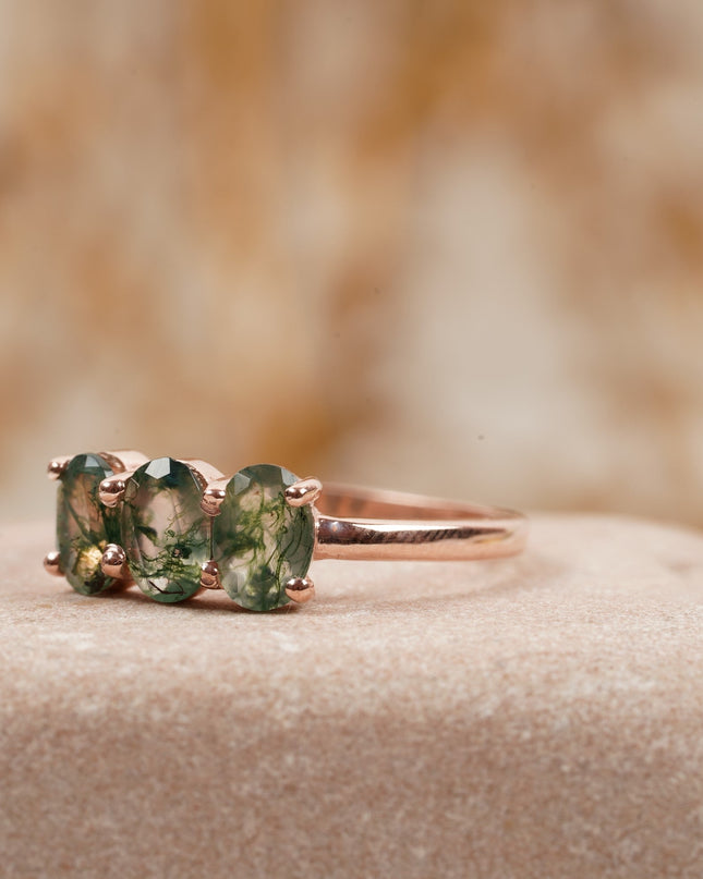Oval Moss Agate Stacking Ring Three Stone Ring